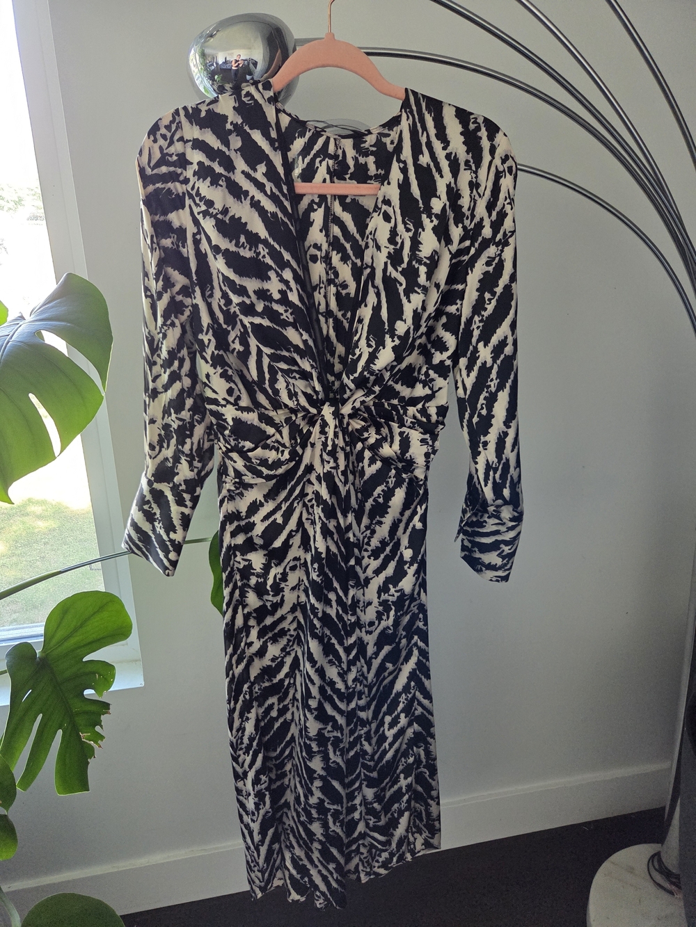 Zara Black and White Long-Sleeve Twist-Front Dress